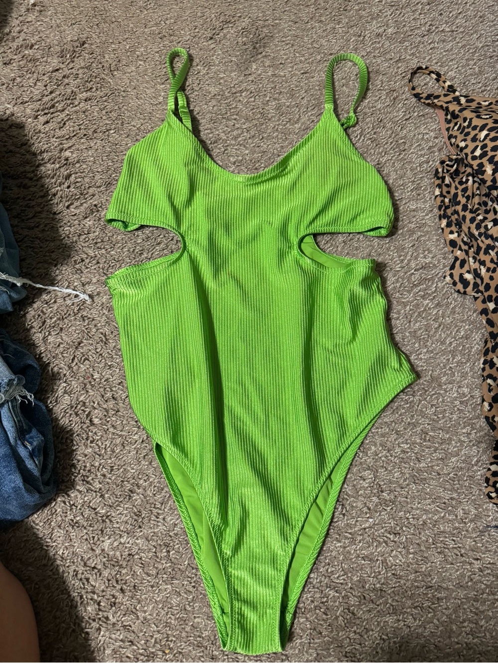 Neon Green Ribbed Cutout One-Piece Swimsuit